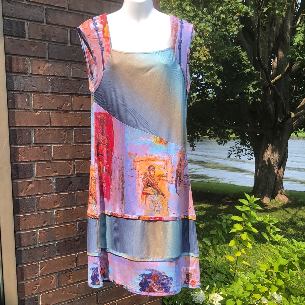 Sleeveless Multicolor Art-Print Shift Dress - Pink/Blue